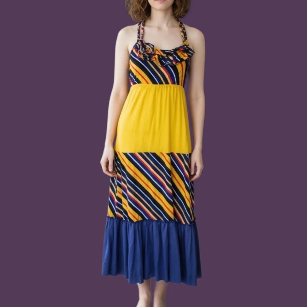 Vtg FASHION WEEK 1980s Rainbow Stripe Tiered Braided Colorblock Slip Dress